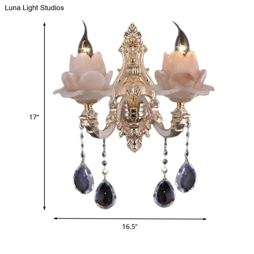 Modern Lotus Wall Light Fixture With Milky Glass Brass Sconce And Teardrop Crystal Accent