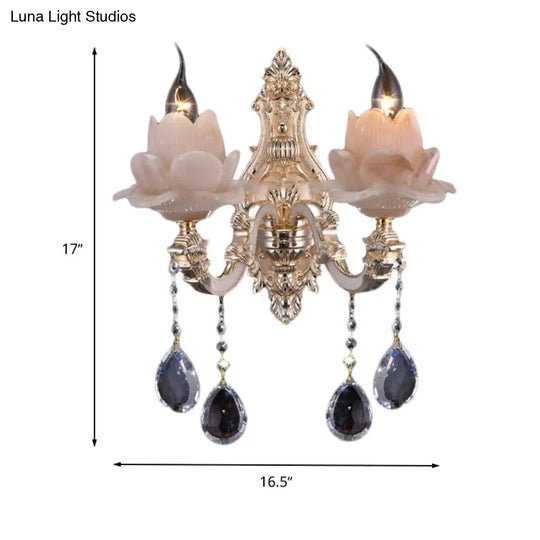 Modern Lotus Wall Light Fixture With Milky Glass Brass Sconce And Teardrop Crystal Accent