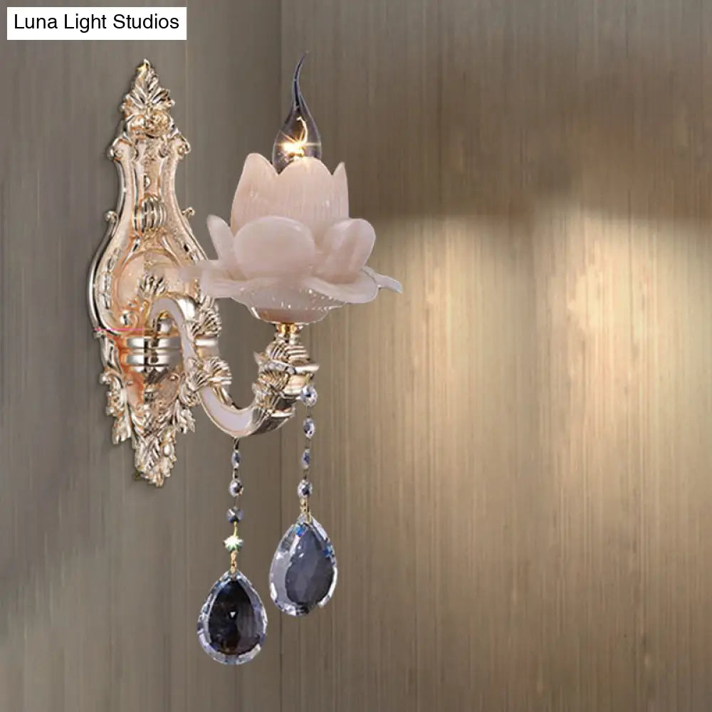 Modern Lotus Wall Light Fixture With Milky Glass Brass Sconce And Teardrop Crystal Accent