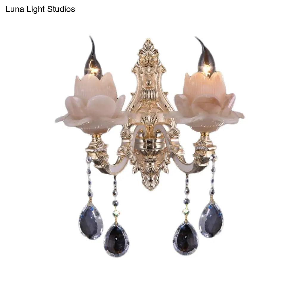 Modern Lotus Wall Light Fixture With Milky Glass Brass Sconce And Teardrop Crystal Accent