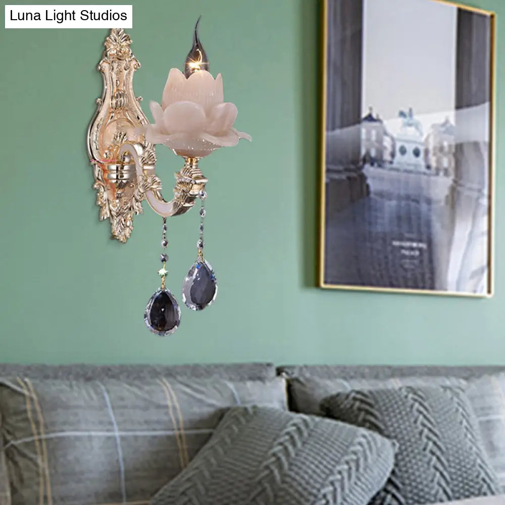 Modern Lotus Wall Light Fixture With Milky Glass Brass Sconce And Teardrop Crystal Accent