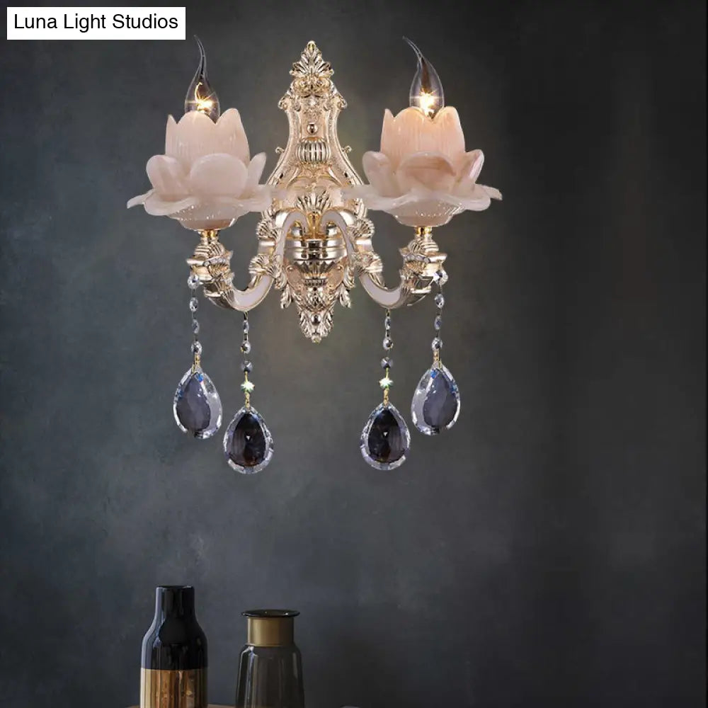 Modern Lotus Wall Light Fixture With Milky Glass Brass Sconce And Teardrop Crystal Accent