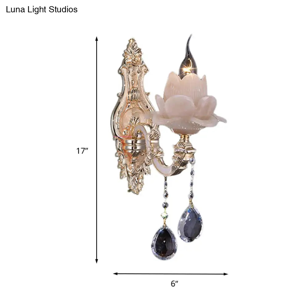 Modern Lotus Wall Light Fixture With Milky Glass Brass Sconce And Teardrop Crystal Accent