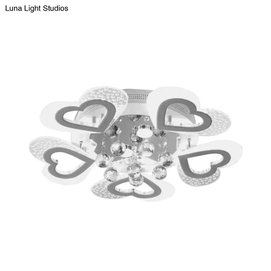 Modern Loving Heart Led Flush Ceiling Light In White With Crystal Ball Decor - Perfect For Bedroom