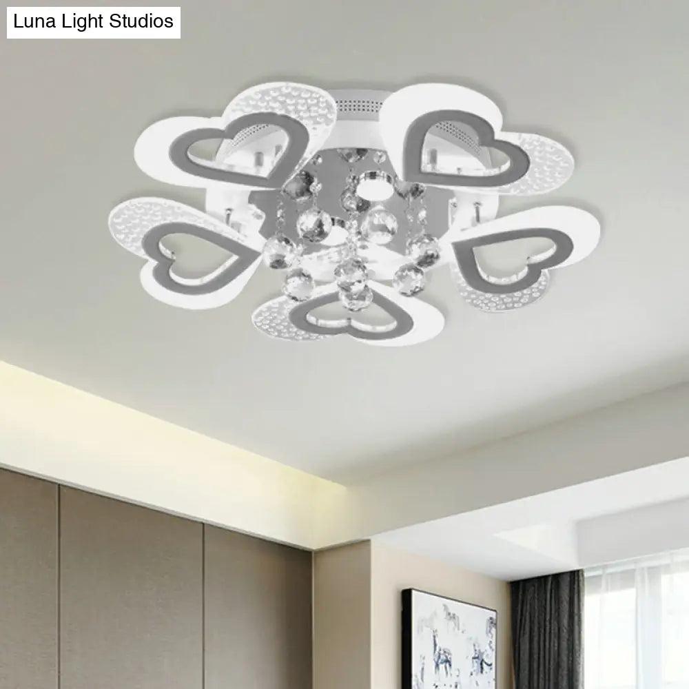 Modern Loving Heart Led Flush Ceiling Light In White With Crystal Ball Decor - Perfect For Bedroom
