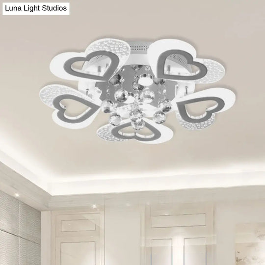 Modern Loving Heart Led Flush Ceiling Light In White With Crystal Ball Decor - Perfect For Bedroom
