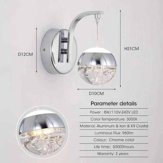 Modern Luxurious Crystal Led Wall Lamp Sconce For Bedroom Chrome Bubble / Russian Federation 7W|Warm