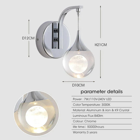 Modern Luxurious Crystal Led Wall Lamp Sconce For Bedroom Chrome / Russian Federation 7W|Warm White