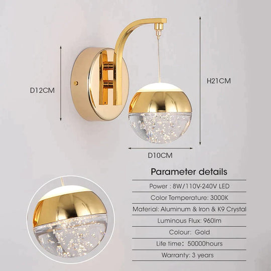 Modern Luxurious Crystal Led Wall Lamp Sconce For Bedroom Gold Bubble / Russian Federation 7W|Warm