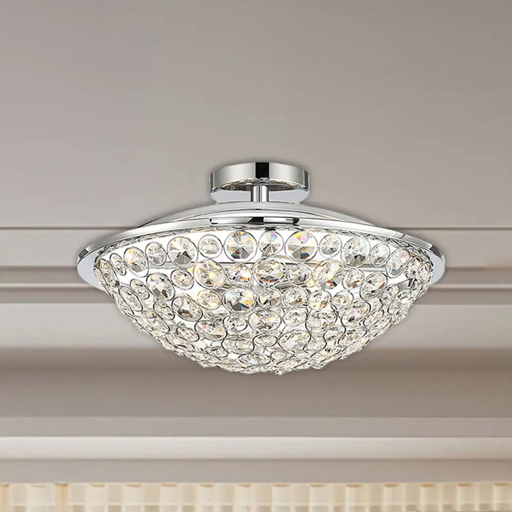 Modern Luxury Crystal Bead Bowl Semi Flushmount Light Fixture In Polished Chrome - 4 Lights