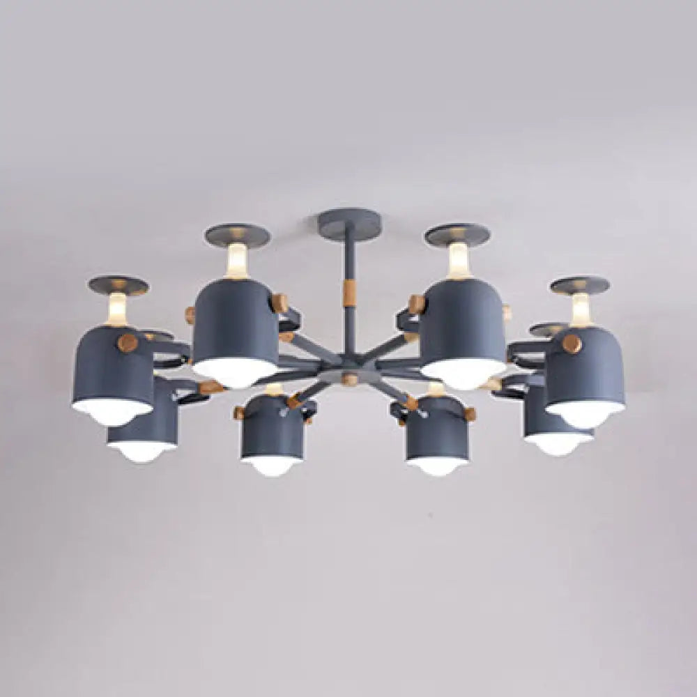 Modern Macaron Chandelier: Bedroom Hanging Lamp With Cup-Shaped Metal Design & 8 Lights Grey