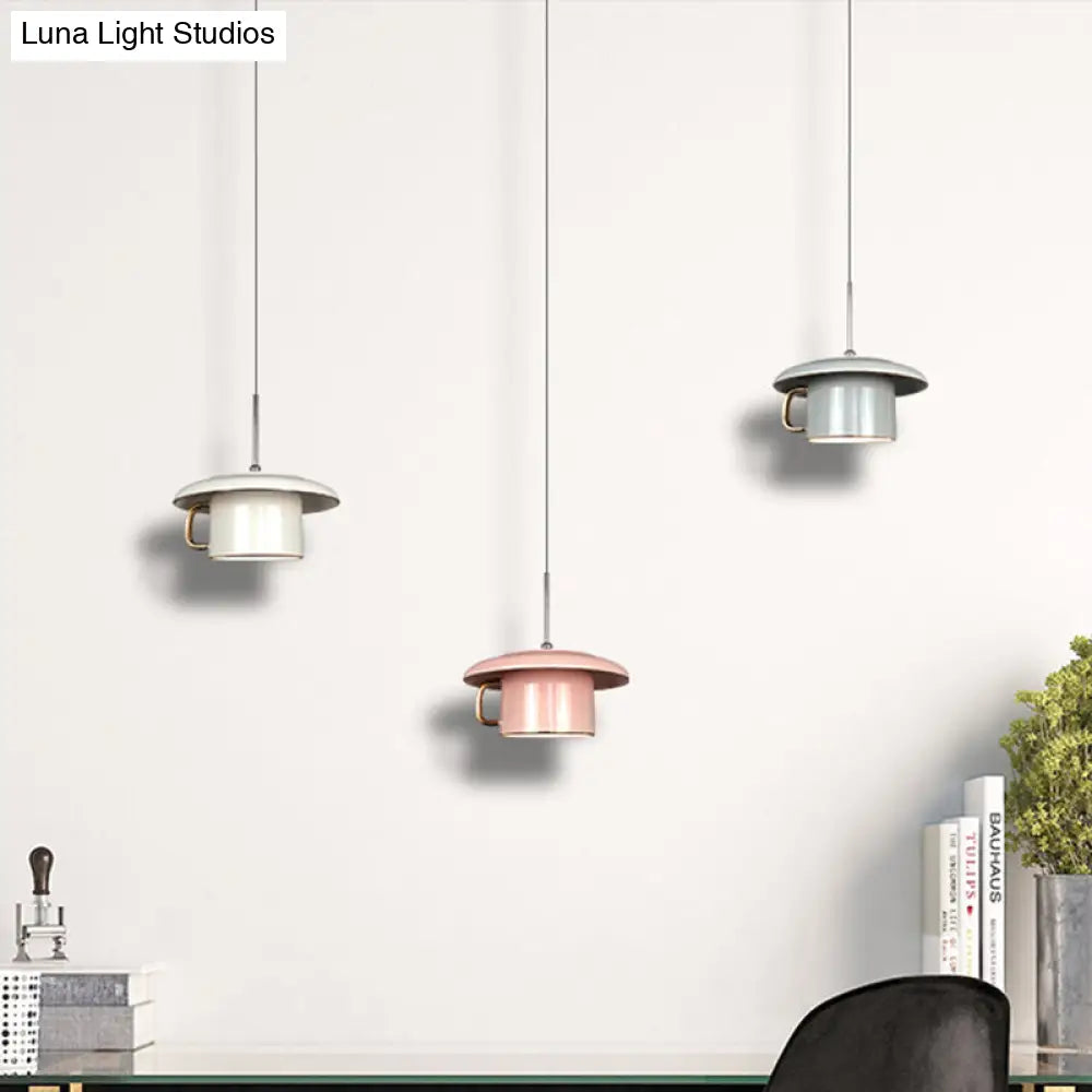 Macaron Ceramic Led Pendant Lamp - Coffee-Cup Shape Down Lighting 1 Bulb White/Pink/Grey Designs For