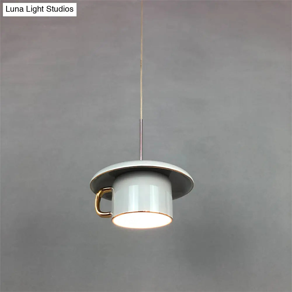 Macaron Ceramic Led Pendant Lamp - Coffee-Cup Shape Down Lighting 1 Bulb White/Pink/Grey Designs For