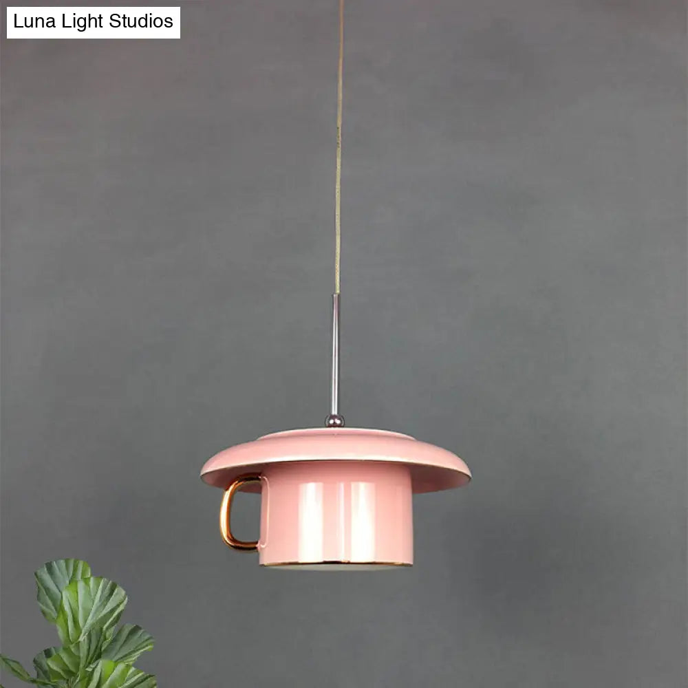 Macaron Ceramic Led Pendant Lamp - Coffee-Cup Shape Down Lighting 1 Bulb White/Pink/Grey Designs For