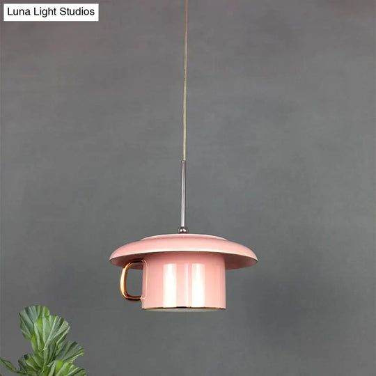 Macaron Ceramic Led Pendant Lamp - Coffee-Cup Shape Down Lighting 1 Bulb White/Pink/Grey Designs For