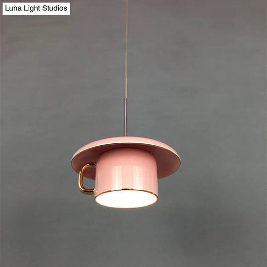 Macaron Ceramic Led Pendant Lamp - Coffee-Cup Shape Down Lighting 1 Bulb White/Pink/Grey Designs For