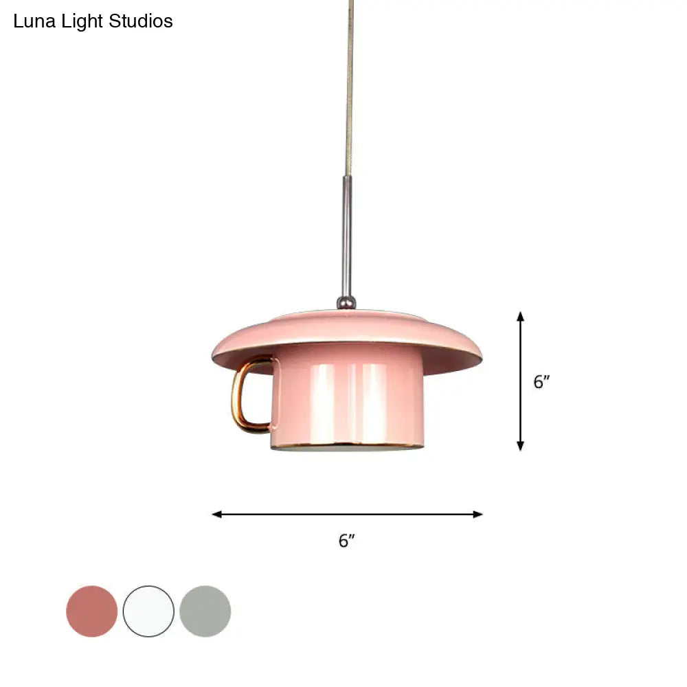 Macaron Ceramic Led Pendant Lamp - Coffee-Cup Shape Down Lighting 1 Bulb White/Pink/Grey Designs For