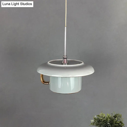 Macaron Ceramic Led Pendant Lamp - Coffee-Cup Shape Down Lighting 1 Bulb White/Pink/Grey Designs For