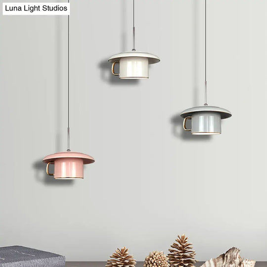 Macaron Ceramic Led Pendant Lamp - Coffee-Cup Shape Down Lighting 1 Bulb White/Pink/Grey Designs For