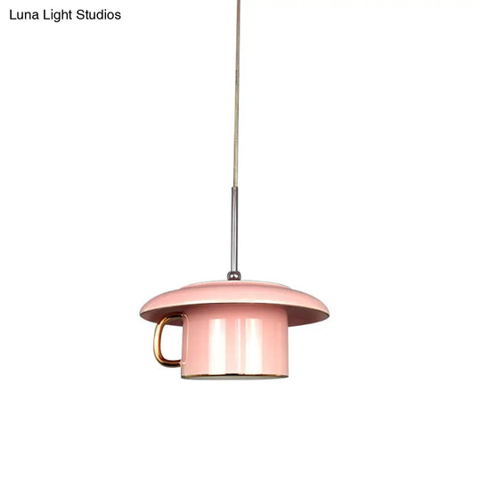 Macaron Ceramic Led Pendant Lamp - Coffee-Cup Shape Down Lighting 1 Bulb White/Pink/Grey Designs For