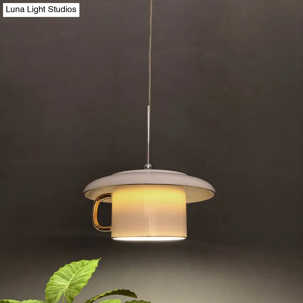 Macaron Ceramic Led Pendant Lamp - Coffee-Cup Shape Down Lighting 1 Bulb White/Pink/Grey Designs For