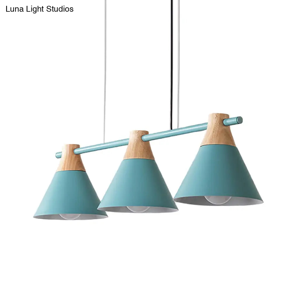 Modern Macaron Cone Hanging Light Pendant - 3 Heads Island Fixture In Black/White/Blue With Wood