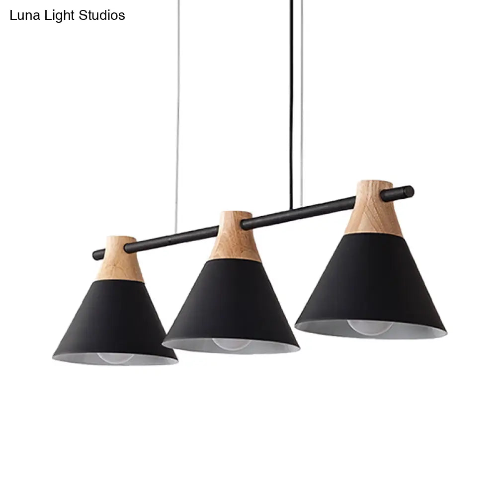 Modern Macaron Cone Hanging Light Pendant - 3 Heads Island Fixture In Black/White/Blue With Wood