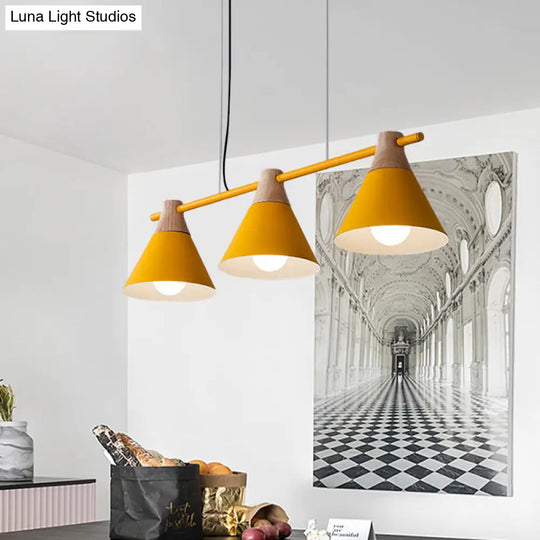 Modern Macaron Cone Hanging Light Pendant - 3 Heads Island Fixture In Black/White/Blue With Wood