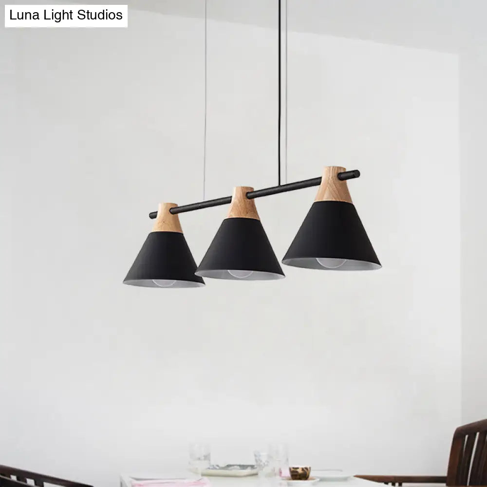 Modern Macaron Cone Hanging Light Pendant - 3 Heads Island Fixture In Black/White/Blue With Wood