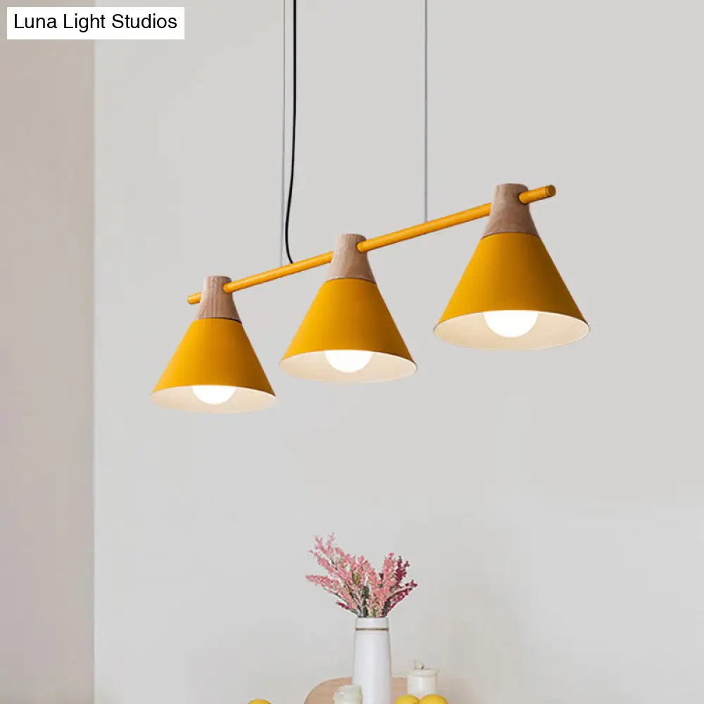 Modern Macaron Cone Hanging Light Pendant - 3 Heads Island Fixture In Black/White/Blue With Wood