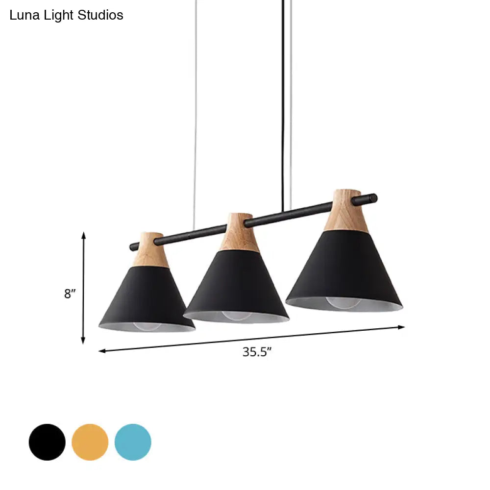 Modern Macaron Cone Hanging Light Pendant - 3 Heads Island Fixture In Black/White/Blue With Wood