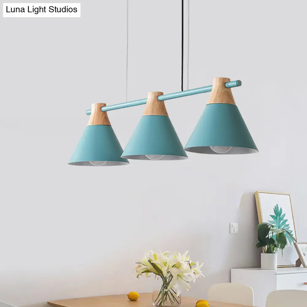 Modern Macaron Cone Hanging Light Pendant - 3 Heads Island Fixture In Black/White/Blue With Wood