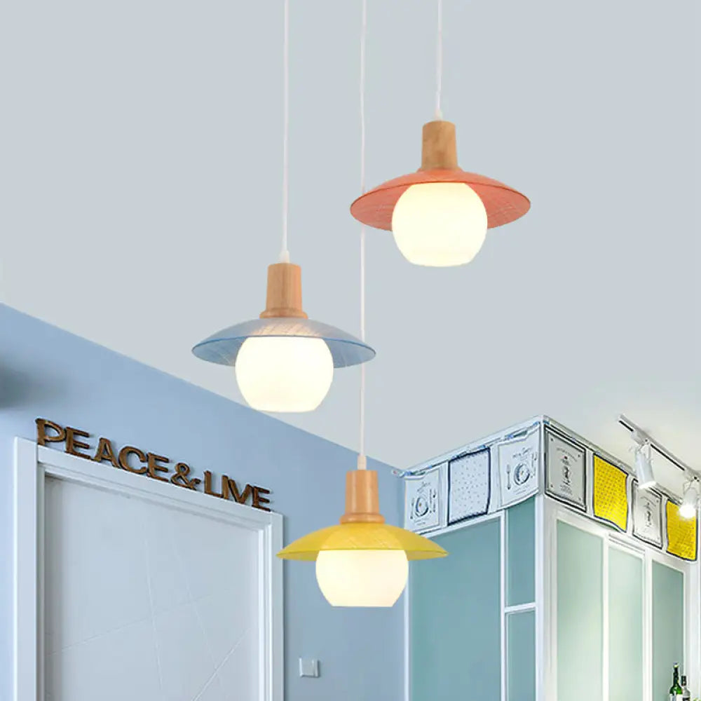 Modern Macaron Disk Pendant Light With Blue-Pink-Yellow Glass - 3 Bulb Dining Room Drop Lamp