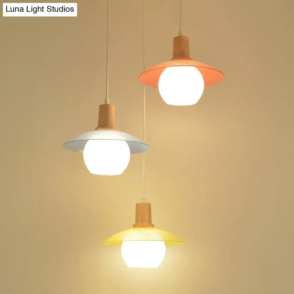 Macaron Disk Multi Pendant Light: Blue-Pink-Yellow Stained Glass 3-Bulb Drop Lamp With Wood Top