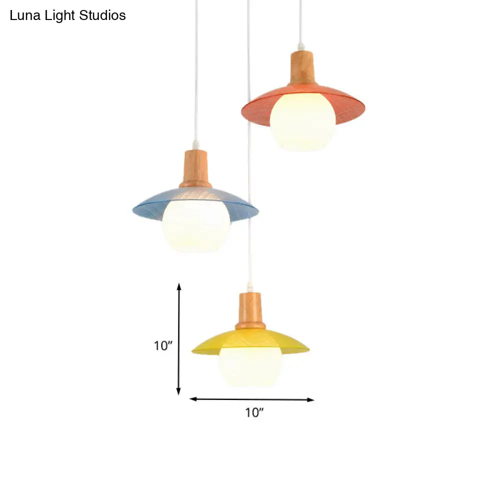 Macaron Disk Multi Pendant Light: Blue-Pink-Yellow Stained Glass 3-Bulb Drop Lamp With Wood Top