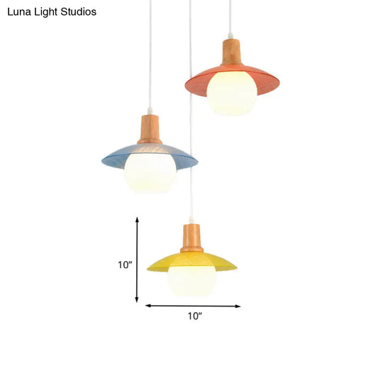 Macaron Disk Multi Pendant Light: Blue-Pink-Yellow Stained Glass 3-Bulb Drop Lamp With Wood Top