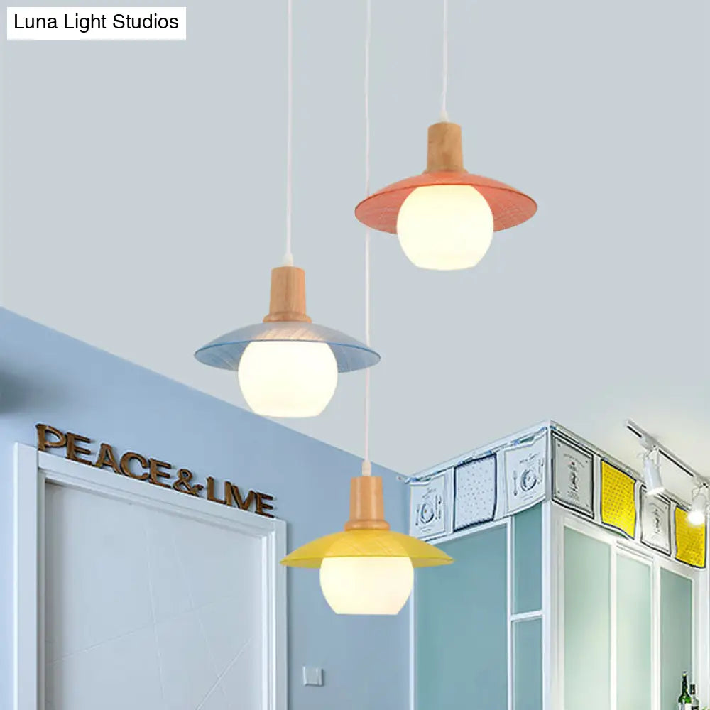 Macaron Disk Multi Pendant Light: Blue-Pink-Yellow Stained Glass 3-Bulb Drop Lamp With Wood Top