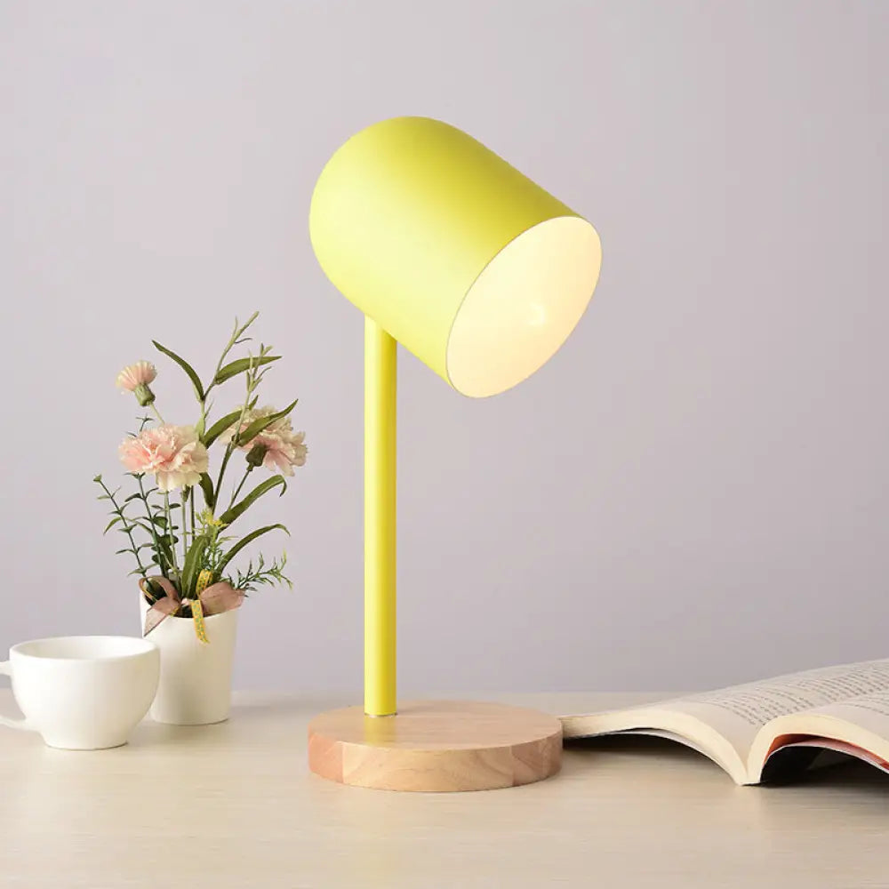 Modern Macaron Dome Nightstand Lamp With Wooden Base 1-Head Metal Bedroom Table Light Yellow