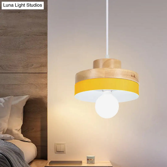 Colorful Macaron Circle/Square Down Lighting Metal Ceiling Lamp With Wood Accent - 1-Light For