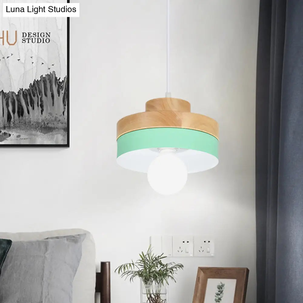 Modern Macaron Down Lighting Metal Ceiling Lamp With Colorful Wood Accents - 1-Light For Living Room