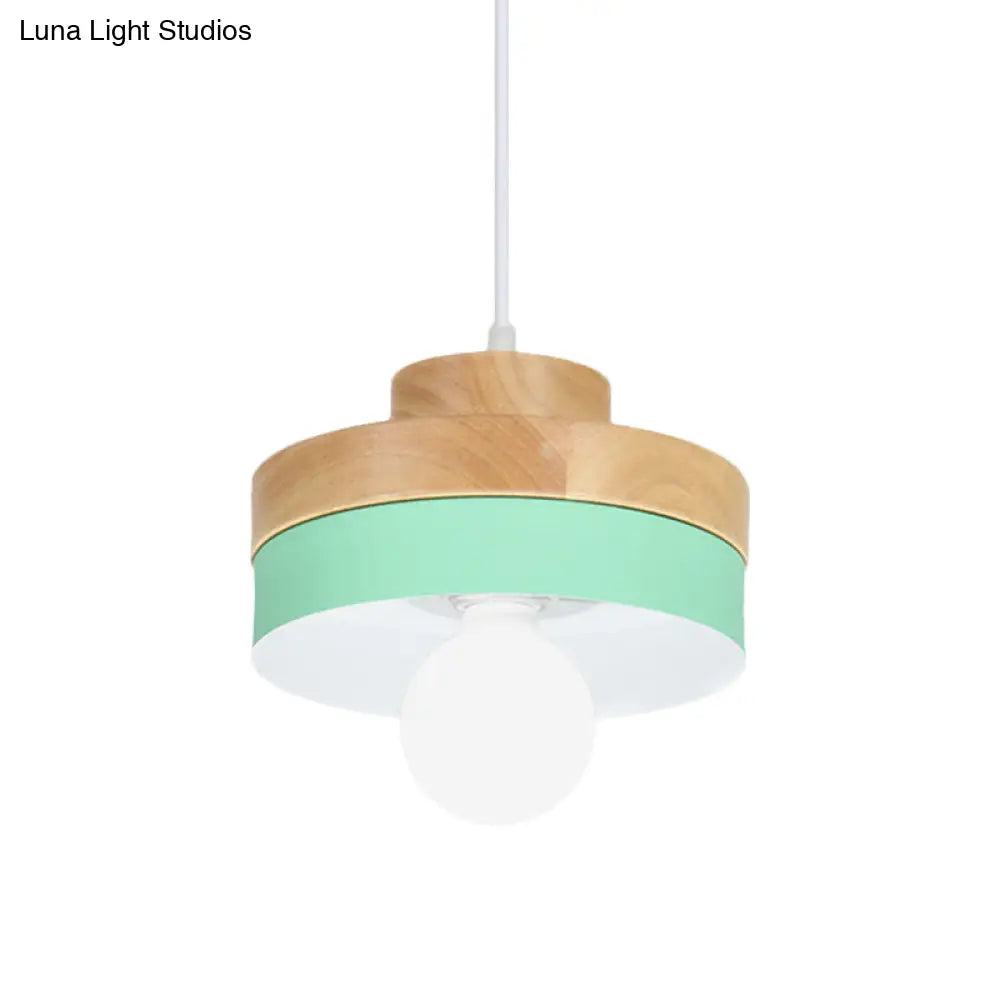 Modern Macaron Down Lighting Metal Ceiling Lamp With Colorful Wood Accents - 1-Light For Living Room