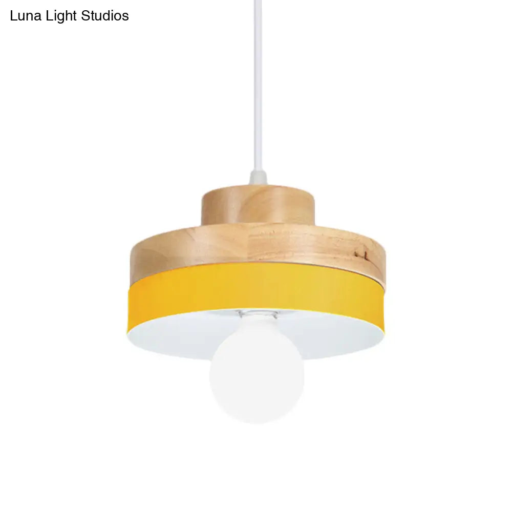 Colorful Macaron Circle/Square Down Lighting Metal Ceiling Lamp With Wood Accent - 1-Light For