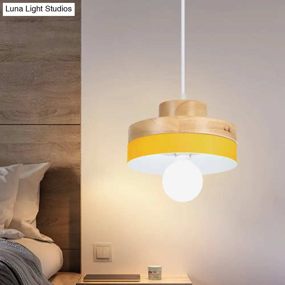 Modern Macaron Down Lighting Metal Ceiling Lamp With Colorful Wood Accents - 1-Light For Living Room