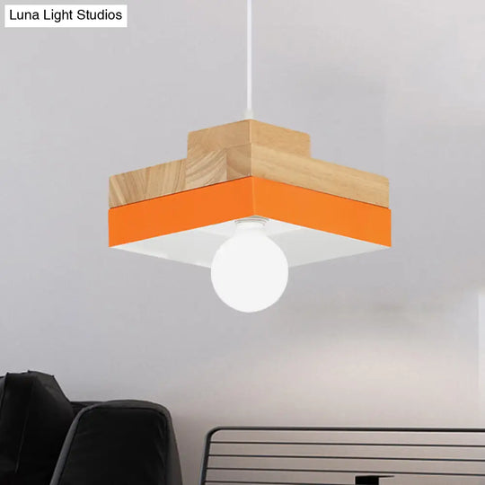 Colorful Macaron Circle/Square Down Lighting Metal Ceiling Lamp With Wood Accent - 1-Light For