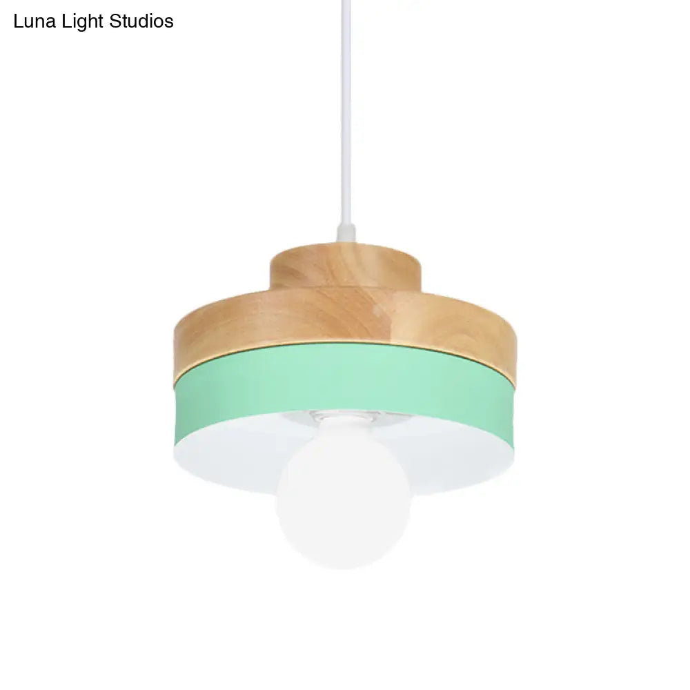 Colorful Macaron Circle/Square Down Lighting Metal Ceiling Lamp With Wood Accent - 1-Light For