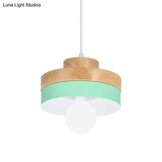 Colorful Macaron Circle/Square Down Lighting Metal Ceiling Lamp With Wood Accent - 1-Light For