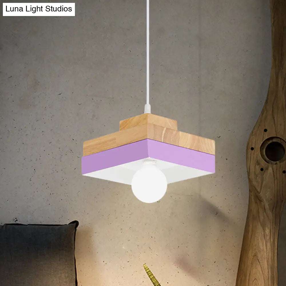 Colorful Macaron Circle/Square Down Lighting Metal Ceiling Lamp With Wood Accent - 1-Light For