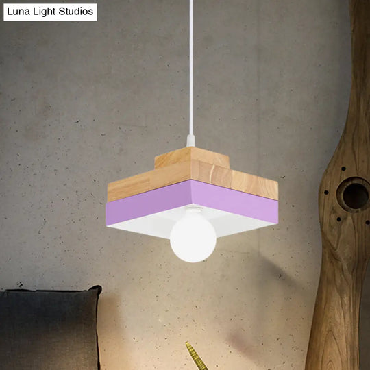 Colorful Macaron Circle/Square Down Lighting Metal Ceiling Lamp With Wood Accent - 1-Light For