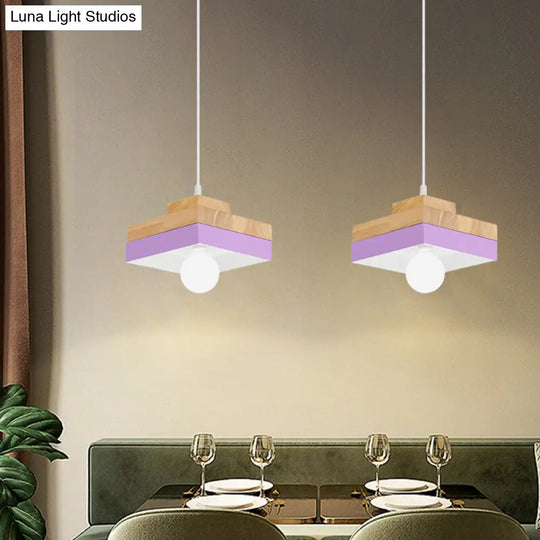 Colorful Macaron Circle/Square Down Lighting Metal Ceiling Lamp With Wood Accent - 1-Light For