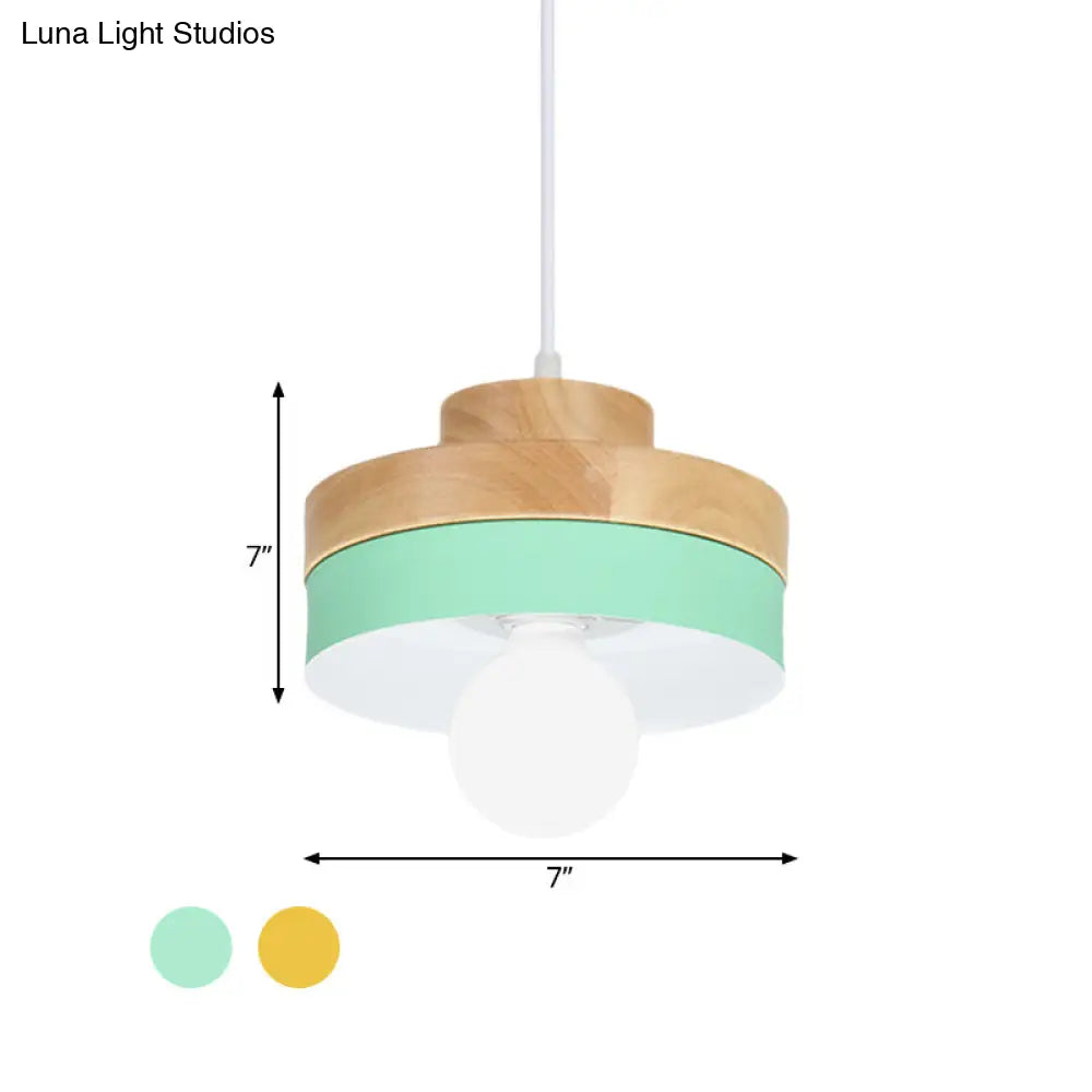 Colorful Macaron Circle/Square Down Lighting Metal Ceiling Lamp With Wood Accent - 1-Light For